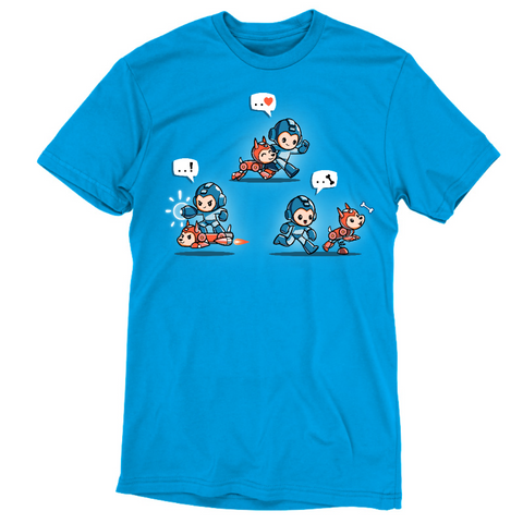 Premium Cotton T-shirt_TeeTurtle cobalt blue Mega Man and Rush apparel featuring Mega Man and Rush in three poses: walking beside each other and a heart bubble from Mega Man, Mega Man riding Rush in jet form and an exclamation point bubble from Mega Man, and Rush following a bone and a bone bubble coming from Mega Man.