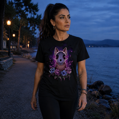 Premium Cotton T-shirt_TeeTurtle black Memento Vulpes Premium Cotton T-shirt featuring a fox skull resting on a weathered log with four purple flowers below, illuminated by a mystical purple glow.