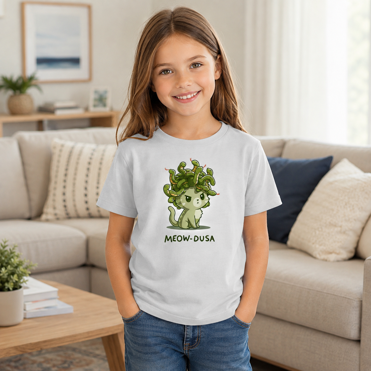 Kids' Classic T-Shirt_TeeTurtle silver gray Meow-dusa apparel featuring a grumpy green cat with a nest of snakes coiled on its head, and the caption, "Meow-dusa".