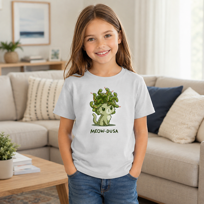 Kids' Classic T-Shirt_TeeTurtle silver gray Meow-dusa apparel featuring a grumpy green cat with a nest of snakes coiled on its head, and the caption, "Meow-dusa".