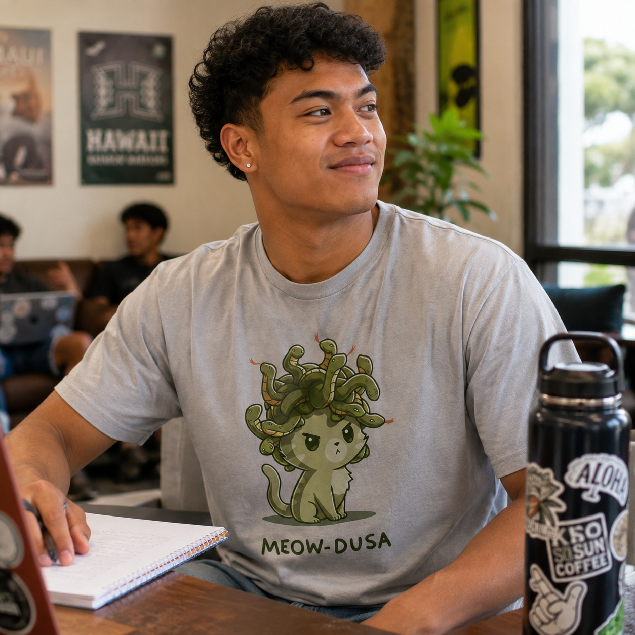 Men's Premium T-Shirt_TeeTurtle silver gray Meow-dusa apparel featuring a grumpy green cat with a nest of snakes coiled on its head, and the caption, "Meow-dusa".