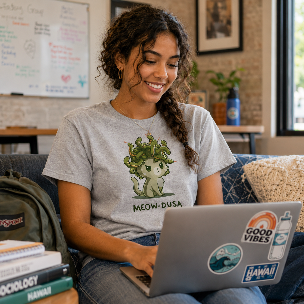 Women's Premium T-Shirt_TeeTurtle silver gray Meow-dusa apparel featuring a grumpy green cat with a nest of snakes coiled on its head, and the caption, "Meow-dusa".