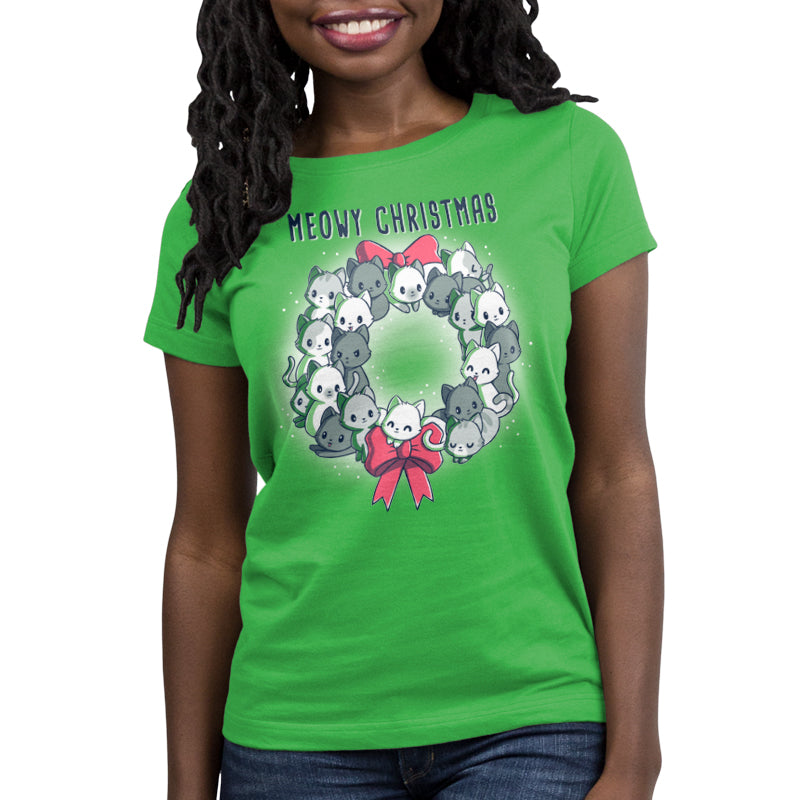A TeeTurtle women's green t-shirt with a Meowy Christmas Wreath design.