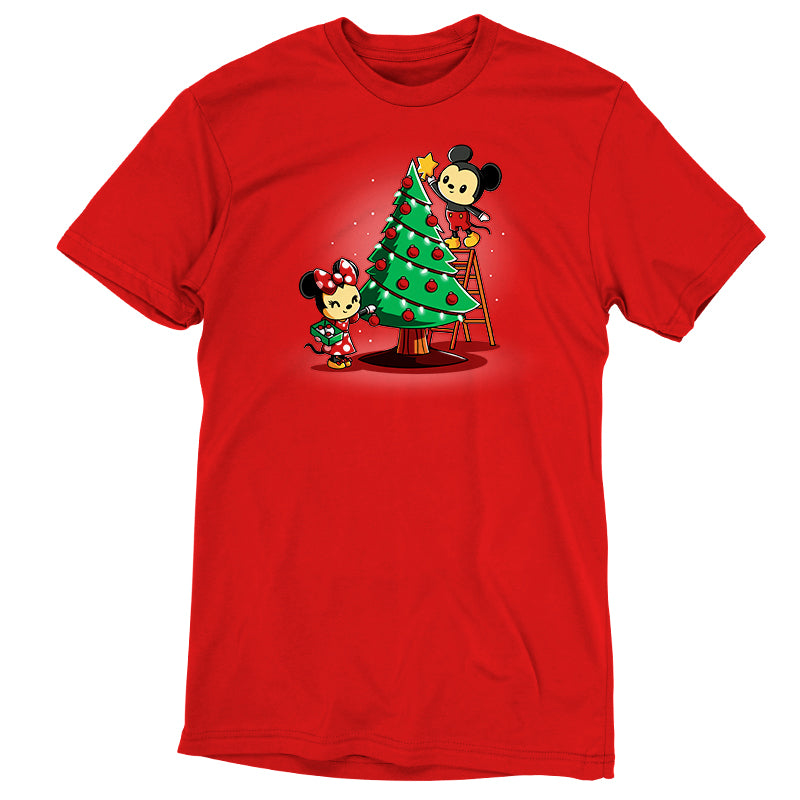 Officially licensed Disney Mickey and Minnie's Christmas Tree T-shirt.