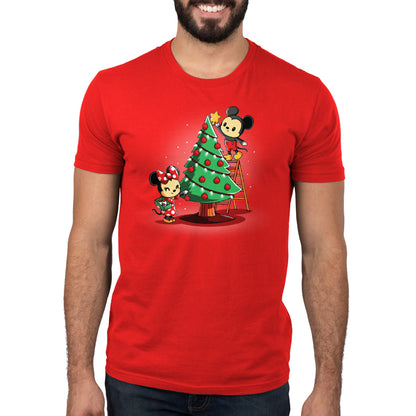 Officially licensed Disney Mickey and Minnie's Christmas Tree T-shirt featuring a Christmas tree decoration.