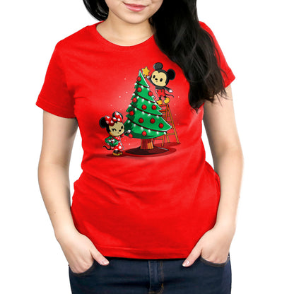 Officially licensed Disney Mickey and Minnie's Christmas Tree T-shirt.