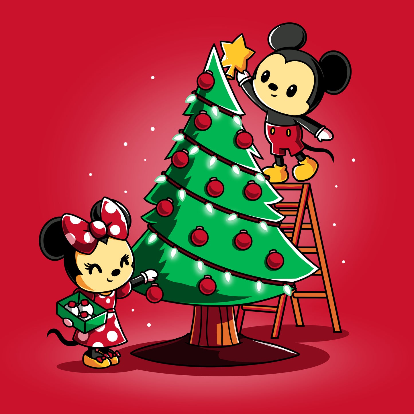 Officially licensed Disney Mickey and Minnie's Christmas Tree T-shirt featuring the iconic duo decorating a Christmas tree.