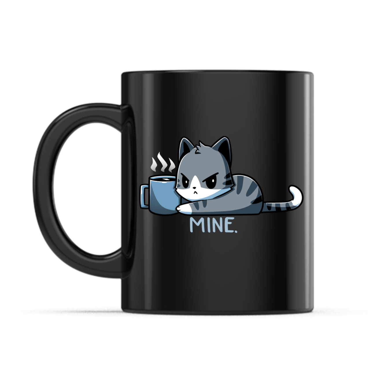 Ceramic Mug_TeeTurtle Mine. black  mug featuring a grumpy cat holding onto a coffee mug with the caption, “Mine.“.