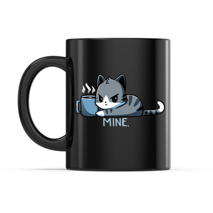 Ceramic Mug_TeeTurtle Mine. black  mug featuring a grumpy cat holding onto a coffee mug with the caption, “Mine.“.