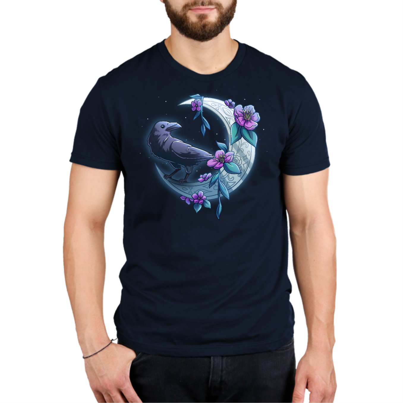 Premium Cotton T-shirt_TeeTurtle navy blue Midnight Perch Premium Cotton T-shirt featuring a raven perched and glowing atop a fancy crescent moon with pink flowers and stars in the background