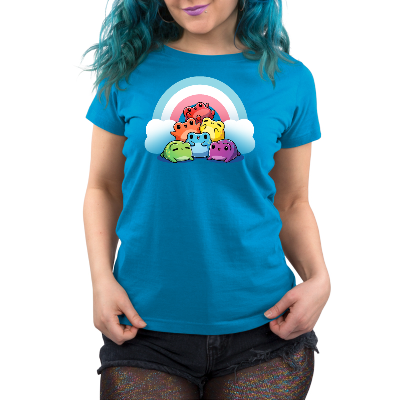 Premium Cotton T-shirt_TeeTurtle cobalt Hoppy Pride Premium Cotton T-shirt featuring a pyramid of happy frogs in the rainbow colors in front of a rainbow with the trans pride colors of light blue, white and pink. 