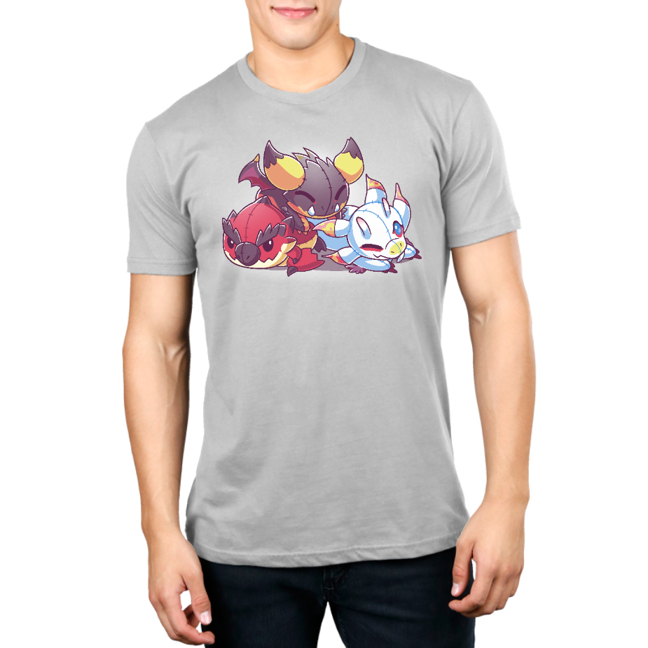 Premium Cotton T-shirt_TeeTurtle silver gray Monster Hunter Ragdolls apparel featuring Rathalos, Nergigante, and Mizutsune as ragdolls.