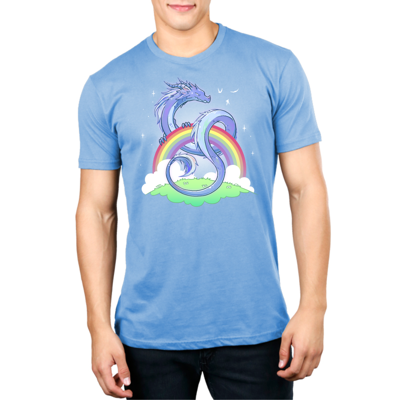 Premium Cotton T-shirt_TeeTurtle light blue Rainbow Protector Premium Cotton T-shirt featuring a smiling dragon protectively looped around a rainbow above a grassy area. There are sparkles around the dragon and rainbow. 
