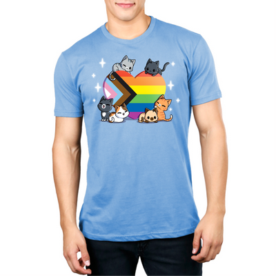Premium Cotton T-shirt_TeeTurtle light blue Progress Purride Premium Cotton T-shirt featuring six different cats on or around a heart that is the colors of the progress pride flag. There are sparkles around them and all the cats look happy. 