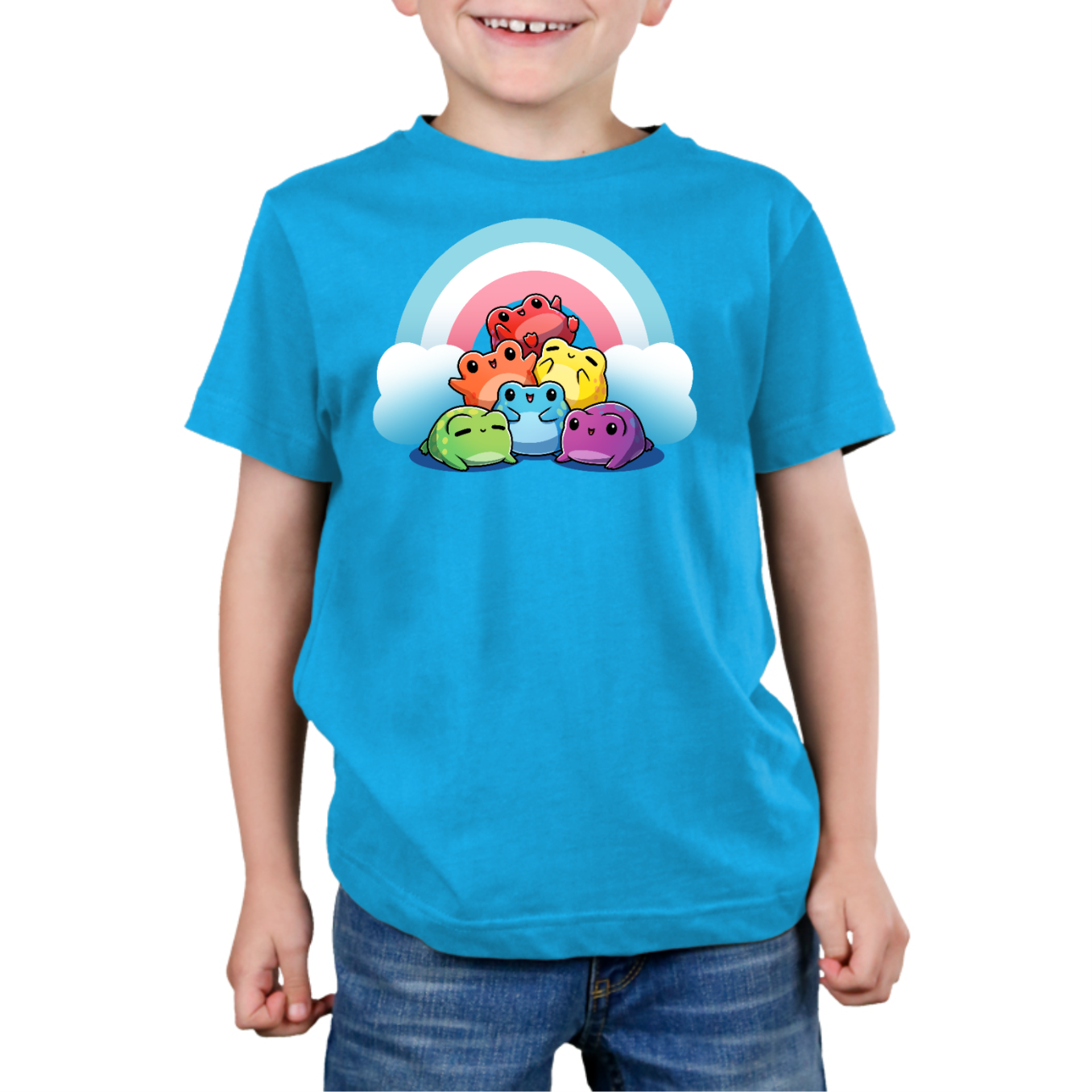 Premium Cotton T-shirt_TeeTurtle cobalt Hoppy Pride Premium Cotton T-shirt featuring a pyramid of happy frogs in the rainbow colors in front of a rainbow with the trans pride colors of light blue, white and pink. 