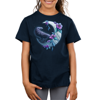 Premium Cotton T-shirt_TeeTurtle navy blue Midnight Perch Premium Cotton T-shirt featuring a raven perched and glowing atop a fancy crescent moon with pink flowers and stars in the background