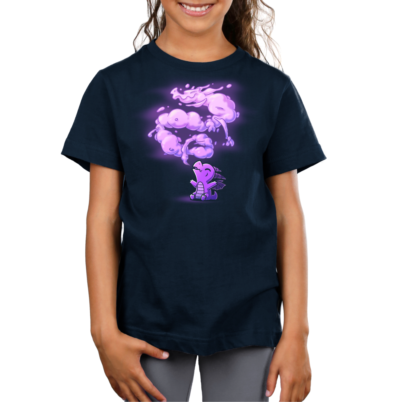 Premium Cotton T-shirt_TeeTurtle navy The Dragon Within Premium Cotton T-shirt featuring a purple baby dragon exhaling smoke that twists above them in the shape of a powerful adult dragon. 