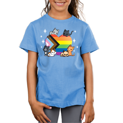 Premium Cotton T-shirt_TeeTurtle light blue Progress Purride Premium Cotton T-shirt featuring six different cats on or around a heart that is the colors of the progress pride flag. There are sparkles around them and all the cats look happy. 