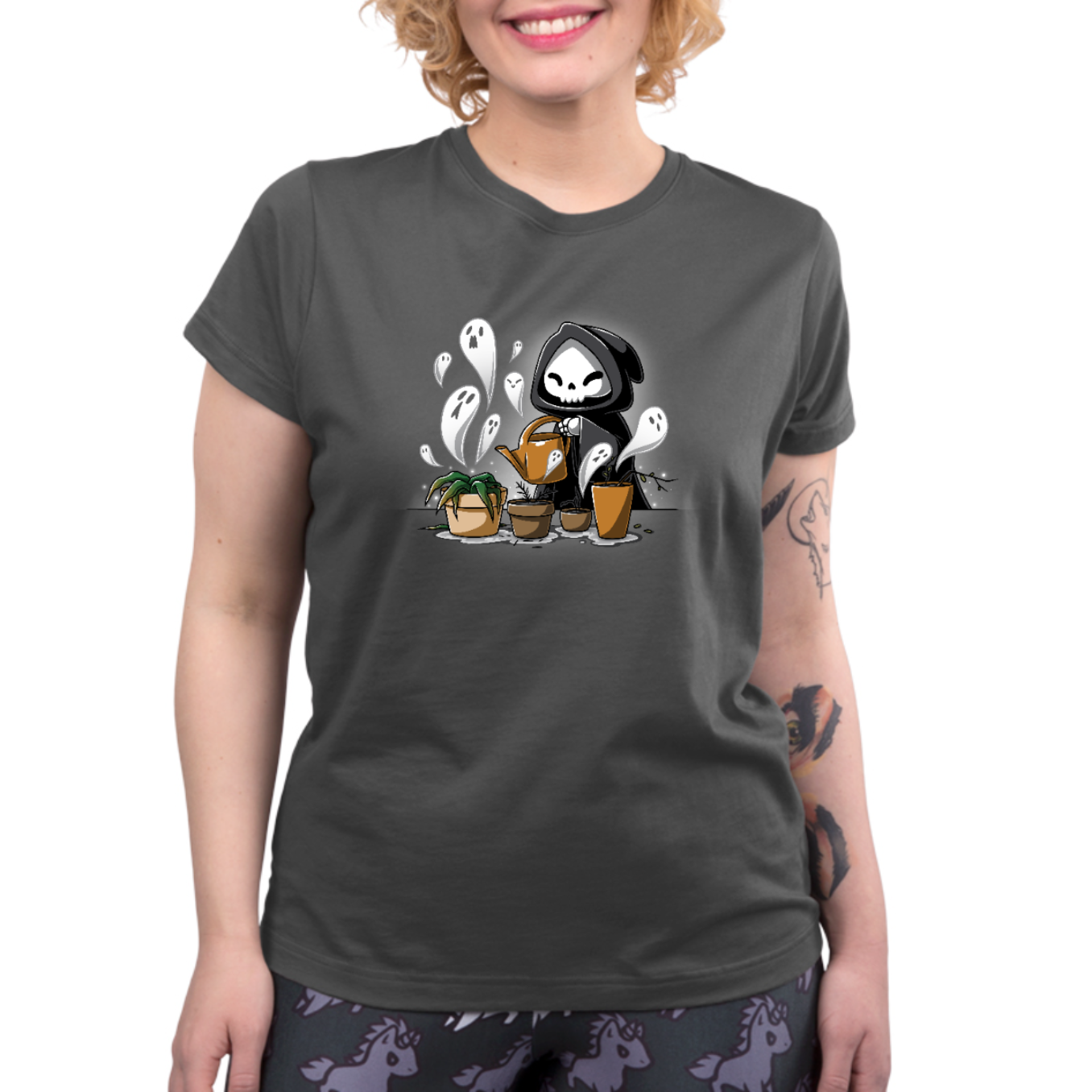 Premium Cotton T-shirt_TeeTurtle charcoal Certified Black Thumb Premium Cotton T-shirt featuring a grim reaper watering wilted and dead plants that have little ghosts emerging from them