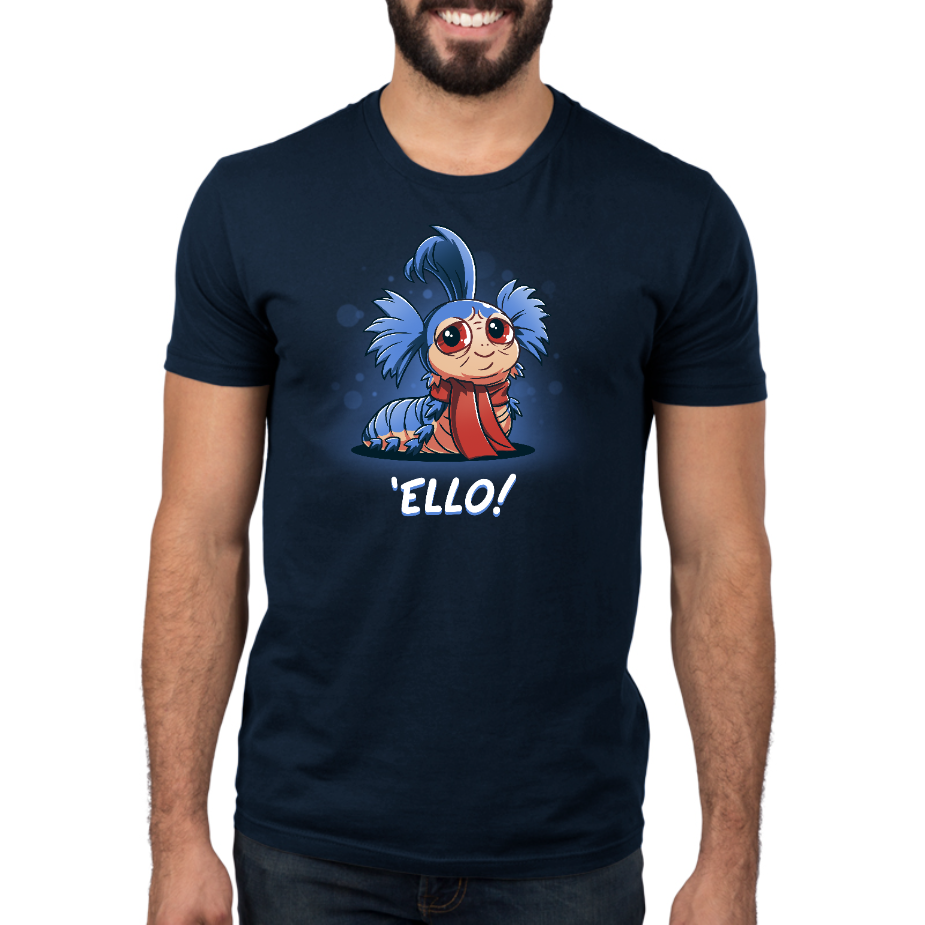 Premium Cotton T-shirt_TeeTurtle navy blue Ello! apparel featuring the worm William from the Labyrinth with a friendly, welcoming expression surrounded by transparent circles, and the caption, "Ello!".