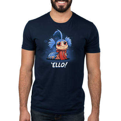 Premium Cotton T-shirt_TeeTurtle navy blue Ello! apparel featuring the worm William from the Labyrinth with a friendly, welcoming expression surrounded by transparent circles, and the caption, "Ello!".
