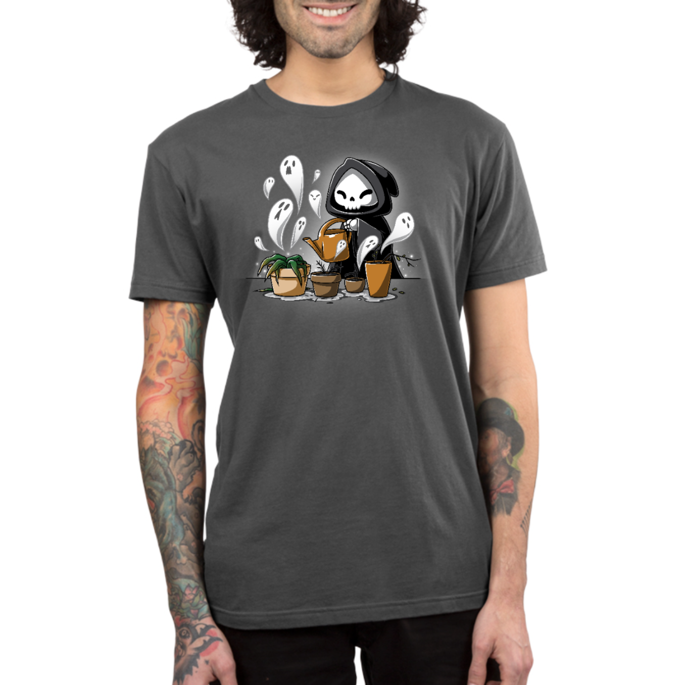 Premium Cotton T-shirt_TeeTurtle charcoal Certified Black Thumb Premium Cotton T-shirt featuring a grim reaper watering wilted and dead plants that have little ghosts emerging from them