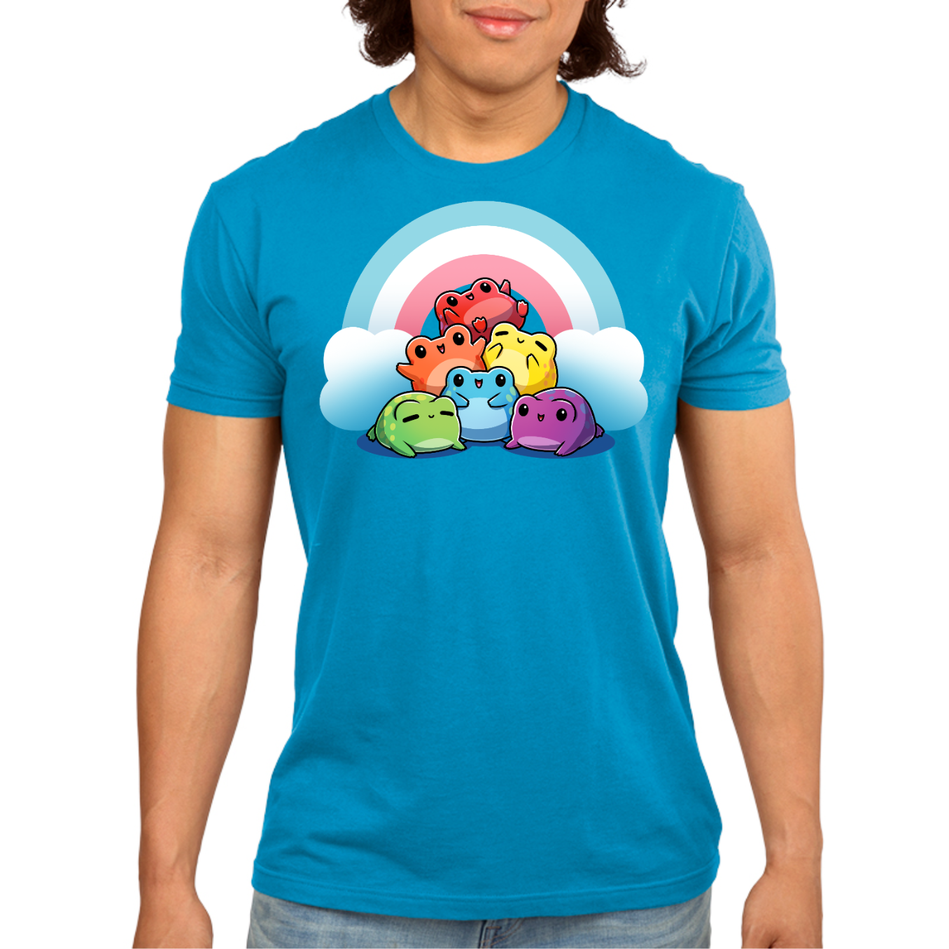 Premium Cotton T-shirt_TeeTurtle cobalt Hoppy Pride Premium Cotton T-shirt featuring a pyramid of happy frogs in the rainbow colors in front of a rainbow with the trans pride colors of light blue, white and pink. 
