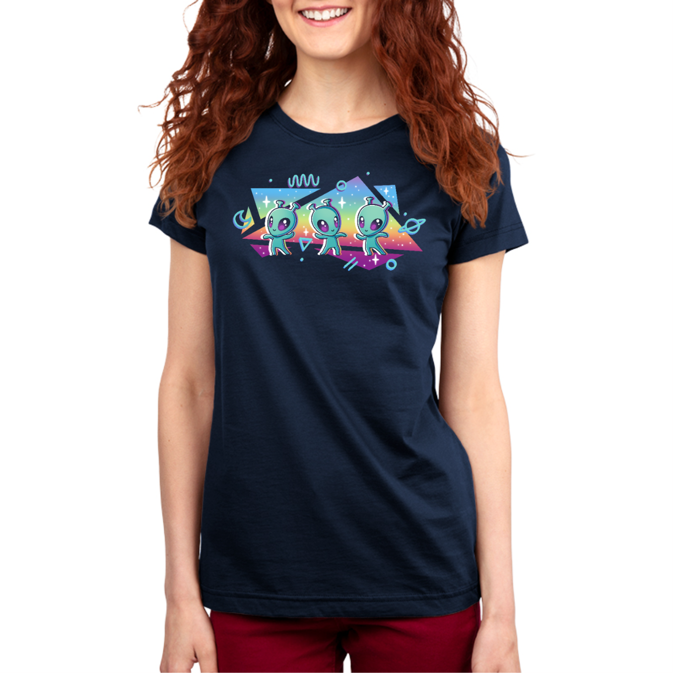 Premium Cotton T-shirt_TeeTurtle navy "Interstellar Pride" Premium Cotton T-shirt featuring three cut aliens dancing in front of geometric shapes filled with a rainbow gradient