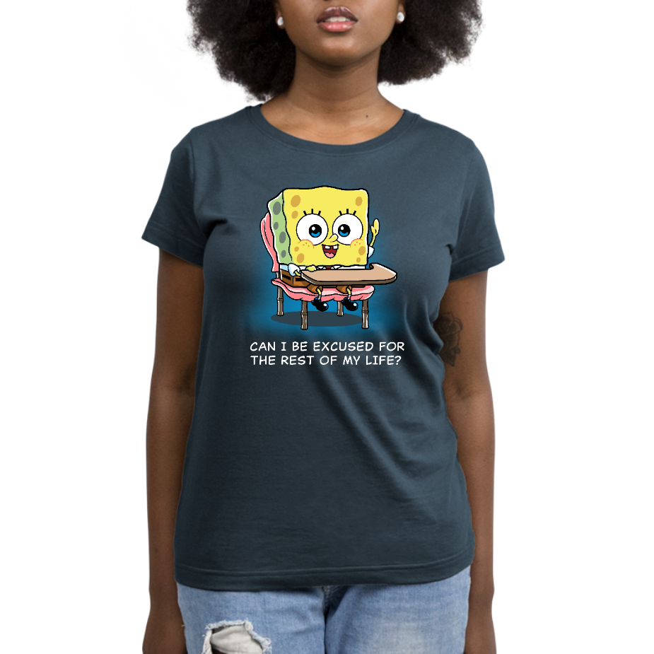 Premium Cotton T-shirt_TeeTurtle denim blue Can I Be Excused for the Rest of My Life? apparel featuring SpongeBob SquarePants sitting at a school desk raising his hand asking, "Can I Be Excused for the Rest of My Life?".