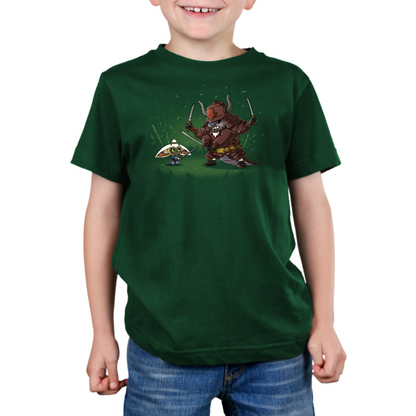 Premium Cotton T-shirt_TeeTurtle forest green Ronin Momo and Samurai Appa Premium Cotton T-shirt featuring Momo and Appa from Avatar: The Last Airbender preparing to spar. Momo has one sword while Appa has three. Their expressions are serious. 
