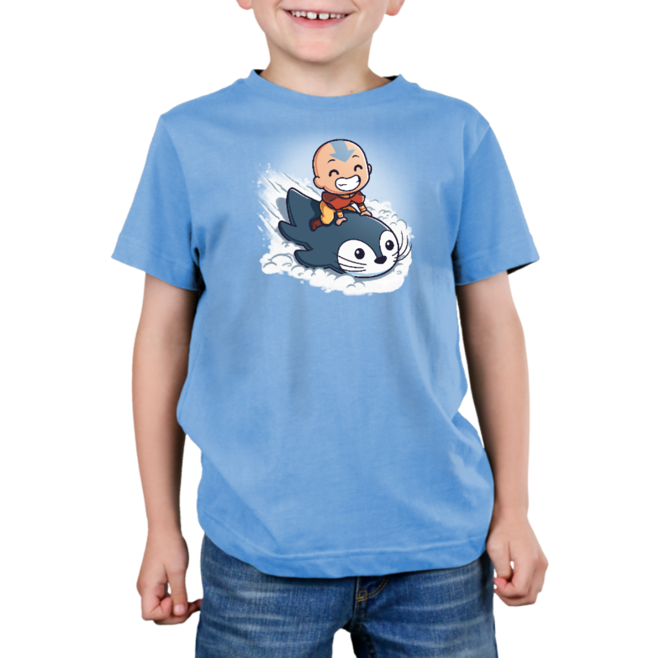 Premium Cotton T-shirt_TeeTurtle light blue Penguin Sledding Premium Cotton T-shirt featuring Aang from Avatar: The Last Airbender joyfully riding an otter penguin through the snow as if it were a sled.