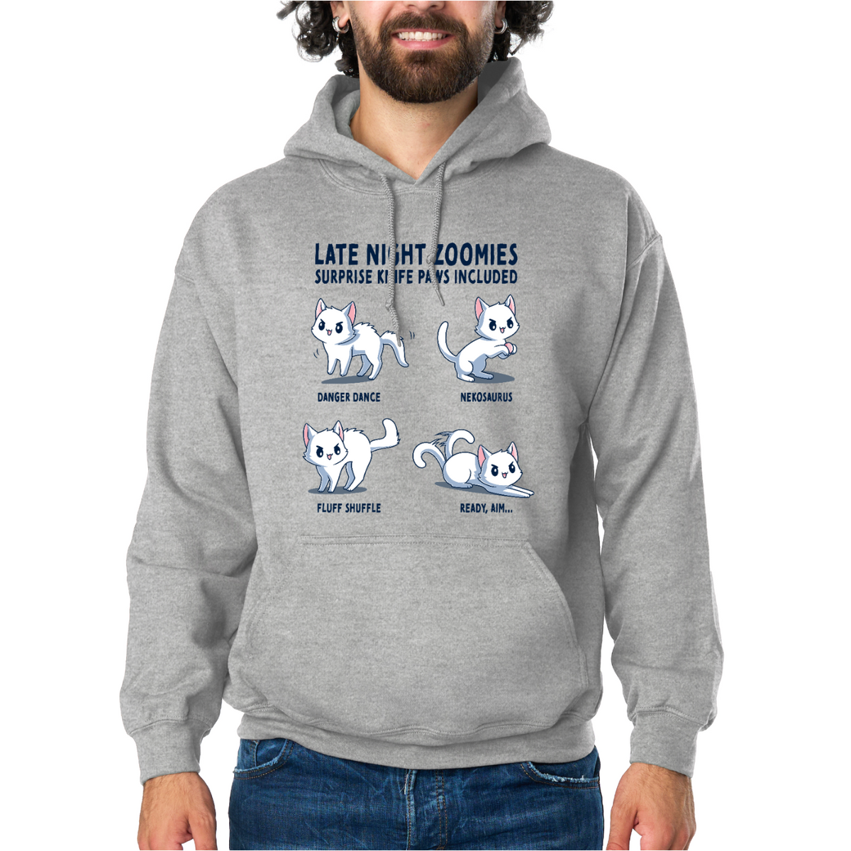 Pullover Hoodie_TeeTurtle light gray Late Night Zoomies Pullover Hoodie featuring four energetic white cats in different playful poses with the text "Late Night Zoomies, Surprise Knife Paws Included" and labels "Danger Dance," "Nekosaurus," "Fluff Shuffle," and "Ready, Aim..."
