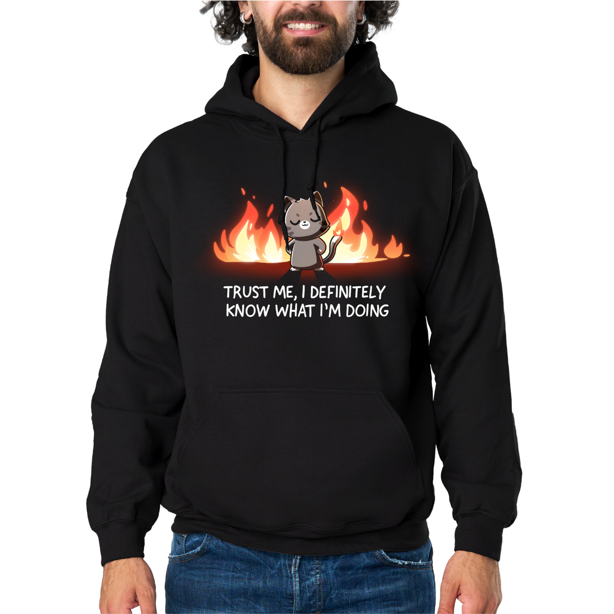 Pullover Hoodie_TeeTurtle black I Definitely Know What I'm Doing Pullover Hoodie featuring a smug gray cat standing confidently in front of bright flames with the text "Trust Me, I Definitely Know What I'm Doing."