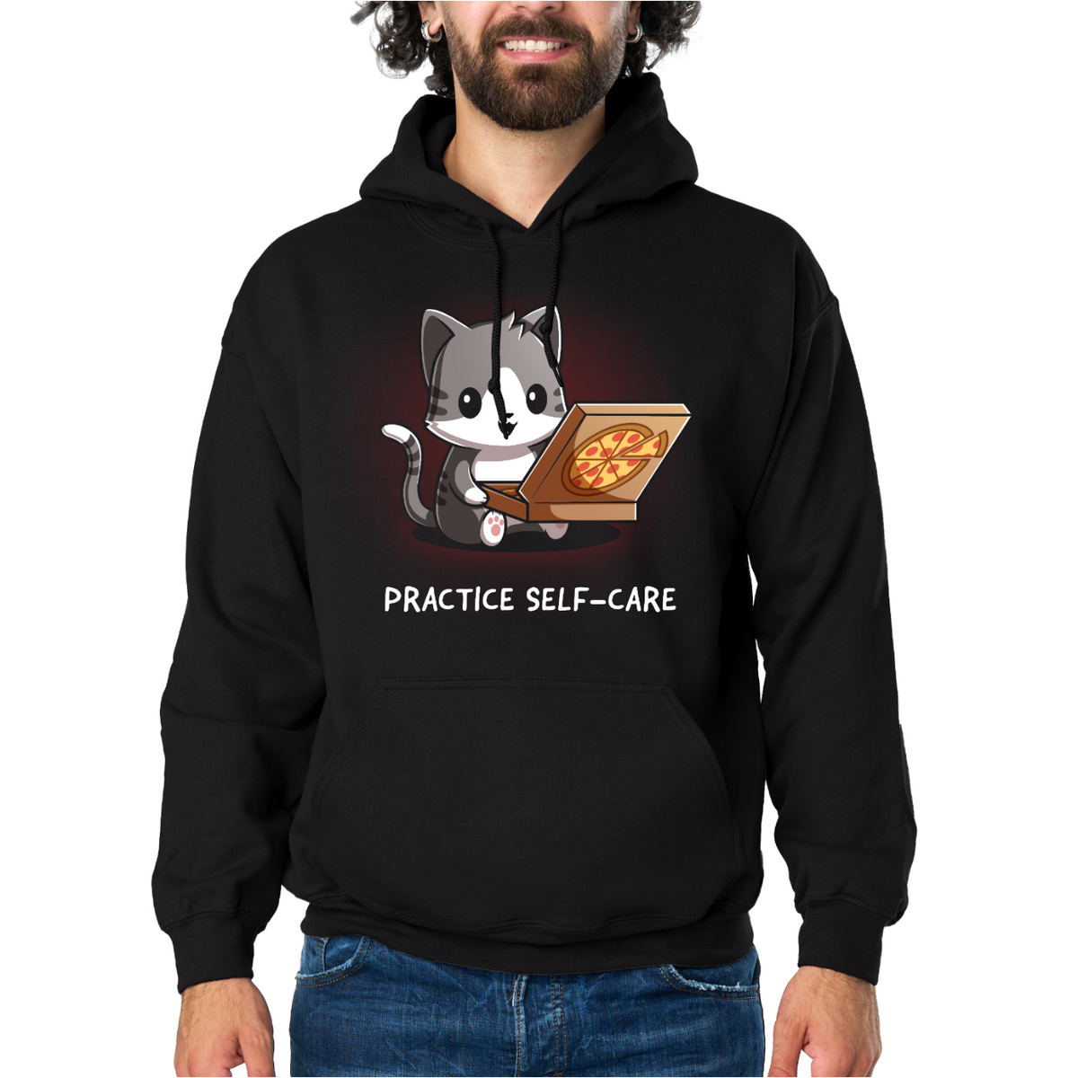 Pullover Hoodie_TeeTurtle black Practice Self-Care Pullover Hoodie featuring a happy gray-and-white cat holding an open pizza box with a pepperoni pizza and the text "Practice Self-Care."