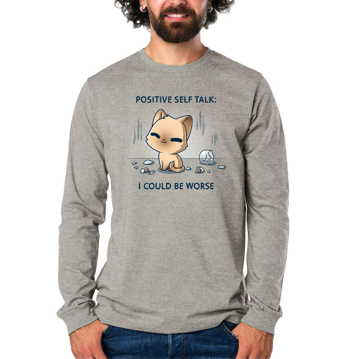 Long Sleeve T-shirt_TeeTurtle light gray I Could Be Worse Long Sleeve T-shirt featuring a content orange cat sitting beside a shattered vase with the text "Positive Self Talk: I Could Be Worse."