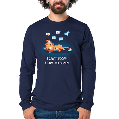 Long Sleeve T-shirt_TeeTurtle navy I Have No Bones Long Sleeve T-shirt featuring a floppy orange cat lying flat on the ground beneath floating notification icons with the text "I Can't Today. I Have No Bones."