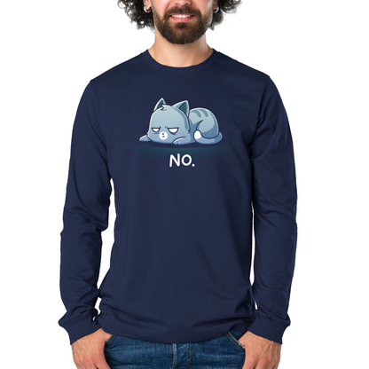 Long Sleeve T-shirt_TeeTurtle navy No. (Cat) Long Sleeve T-shirt featuring an unimpressed blue-gray tabby cat lying flat with a grumpy expression and the text "No."