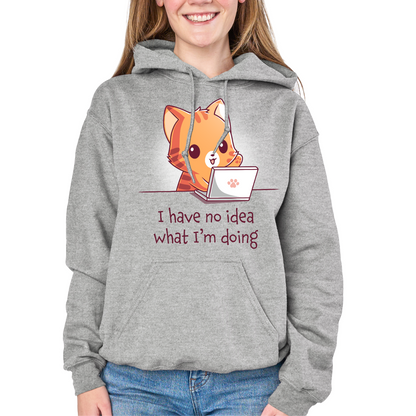 Pullover Hoodie_TeeTurtle light gray I Have No Idea What I'm Doing (Cat) Pullover Hoodie featuring a cheerful orange tabby cat sitting behind a laptop with one paw raised and the text "I have no idea what I'm doing."