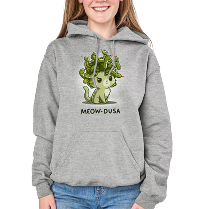 Pullover Hoodie_TeeTurtle heather gray Meow-dusa apparel featuring a grumpy green cat with a nest of snakes coiled on its head, and the caption, "Meow-dusa".