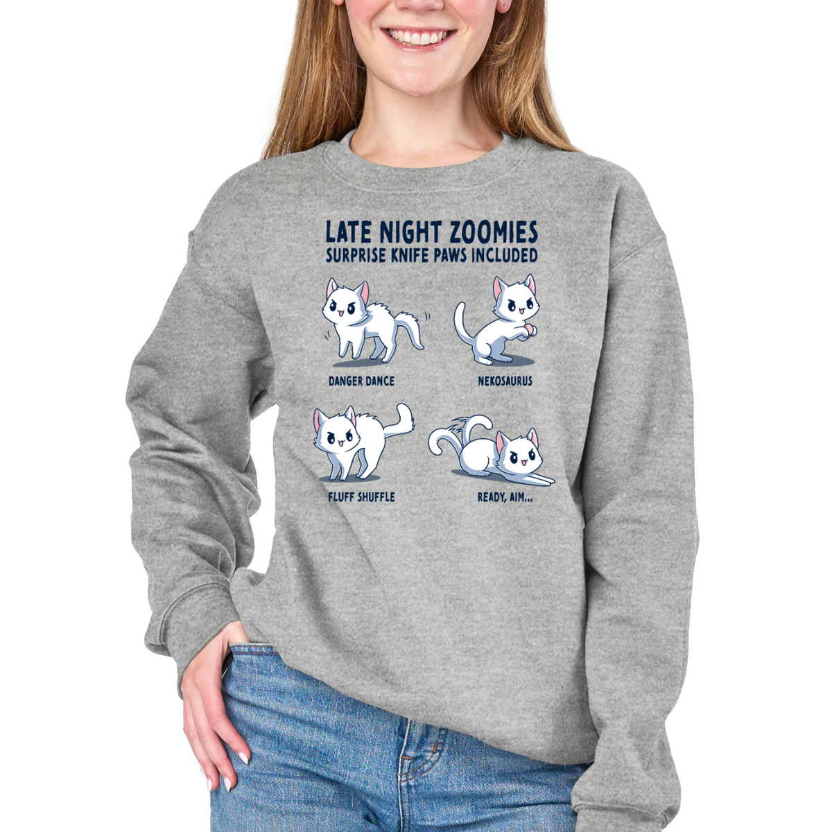 Crew Neck Sweatshirt_TeeTurtle light gray Late Night Zoomies Crew Neck Sweatshirt featuring four energetic white cats in different playful poses with the text "Late Night Zoomies, Surprise Knife Paws Included" and labels "Danger Dance," "Nekosaurus," "Fluff Shuffle," and "Ready, Aim..."