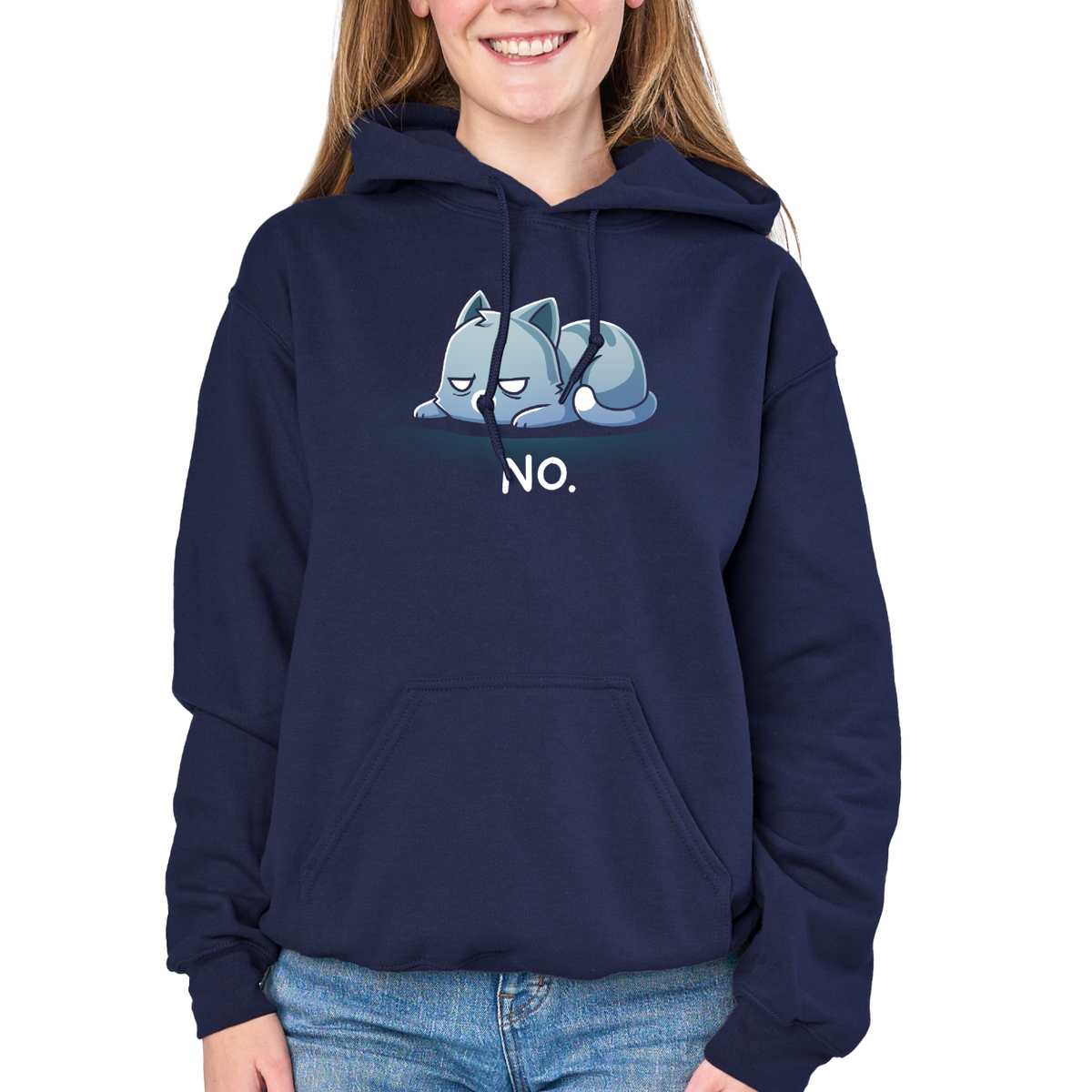 Pullover Hoodie_TeeTurtle navy No. (Cat) Pullover Hoodie featuring an unimpressed blue-gray tabby cat lying flat with a grumpy expression and the text "No."