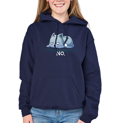 Pullover Hoodie_TeeTurtle navy No. (Cat) Pullover Hoodie featuring an unimpressed blue-gray tabby cat lying flat with a grumpy expression and the text "No."
