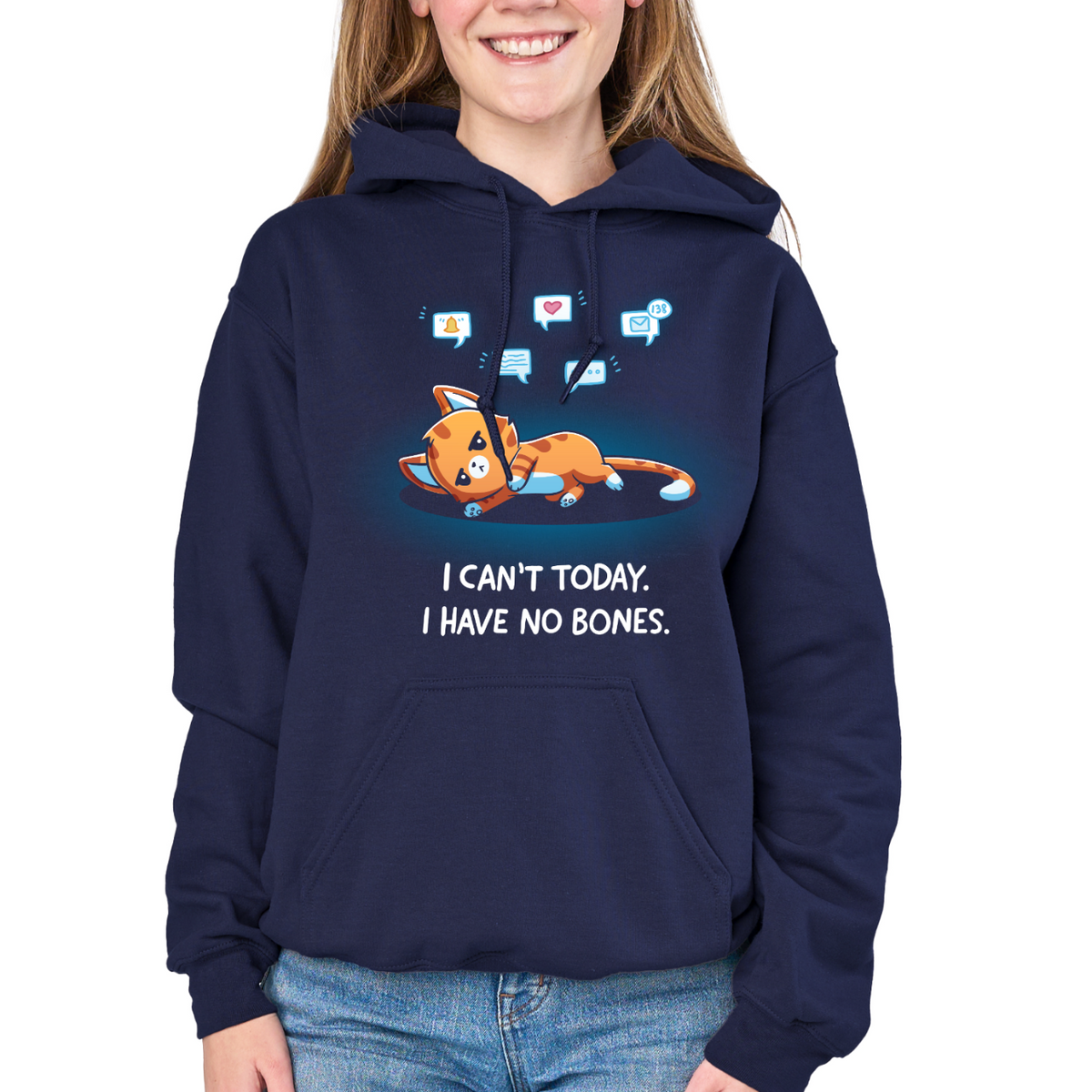 Pullover Hoodie_TeeTurtle navy I Have No Bones Pullover Hoodie featuring a floppy orange cat lying flat on the ground beneath floating notification icons with the text "I Can't Today. I Have No Bones."