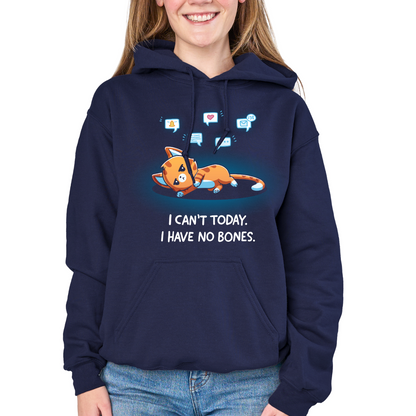 Pullover Hoodie_TeeTurtle navy I Have No Bones Pullover Hoodie featuring a floppy orange cat lying flat on the ground beneath floating notification icons with the text "I Can't Today. I Have No Bones."