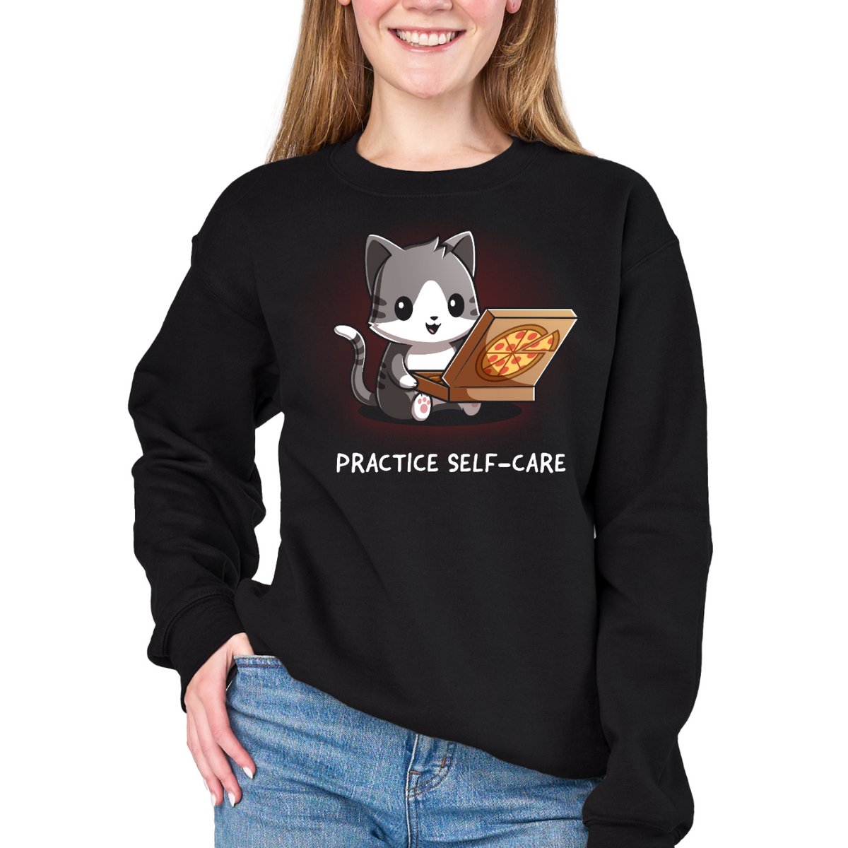 Crew Neck Sweatshirt_TeeTurtle black Practice Self-Care Crew Neck Sweatshirt featuring a happy gray-and-white cat holding an open pizza box with a pepperoni pizza and the text "Practice Self-Care."