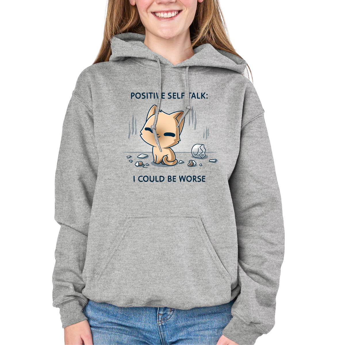 Pullover Hoodie_TeeTurtle light gray I Could Be Worse Pullover Hoodie featuring a content orange cat sitting beside a shattered vase with the text "Positive Self Talk: I Could Be Worse."