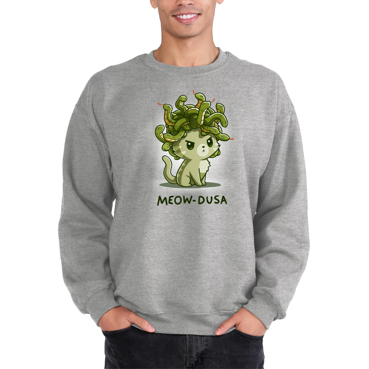 Crew Neck Sweatshirt_TeeTurtle heather gray Meow-dusa apparel featuring a grumpy green cat with a nest of snakes coiled on its head, and the caption, "Meow-dusa".
