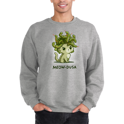 Crew Neck Sweatshirt_TeeTurtle heather gray Meow-dusa apparel featuring a grumpy green cat with a nest of snakes coiled on its head, and the caption, "Meow-dusa".