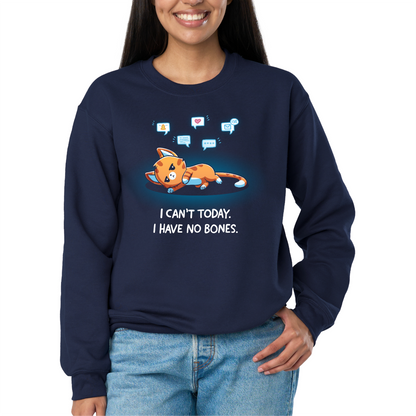 Crew Neck Sweatshirt_TeeTurtle navy I Have No Bones Crew Neck Sweatshirt featuring a floppy orange cat lying flat on the ground beneath floating notification icons with the text "I Can't Today. I Have No Bones."