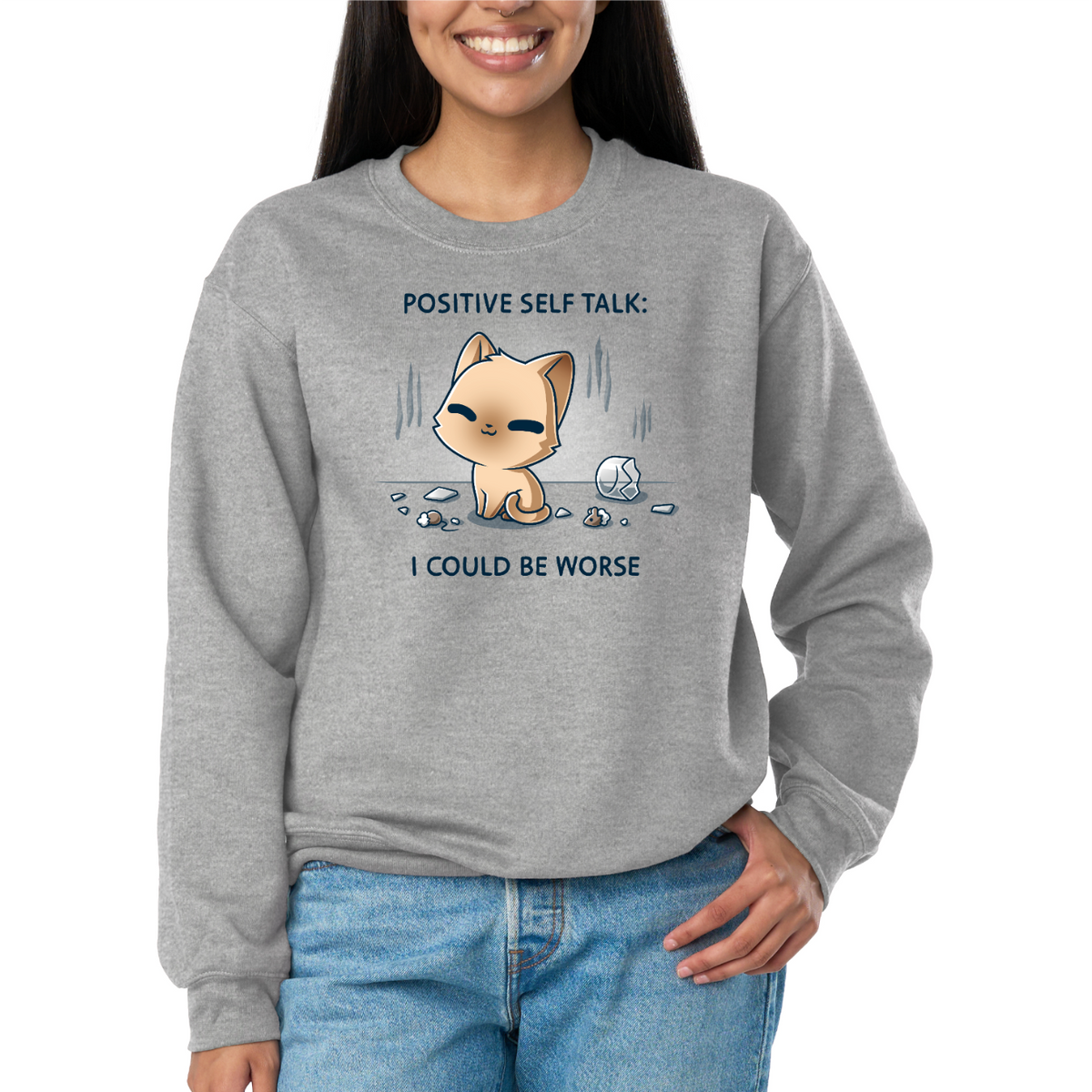 Crew Neck Sweatshirt_TeeTurtle light gray I Could Be Worse Crew Neck Sweatshirt featuring a content orange cat sitting beside a shattered vase with the text "Positive Self Talk: I Could Be Worse."
